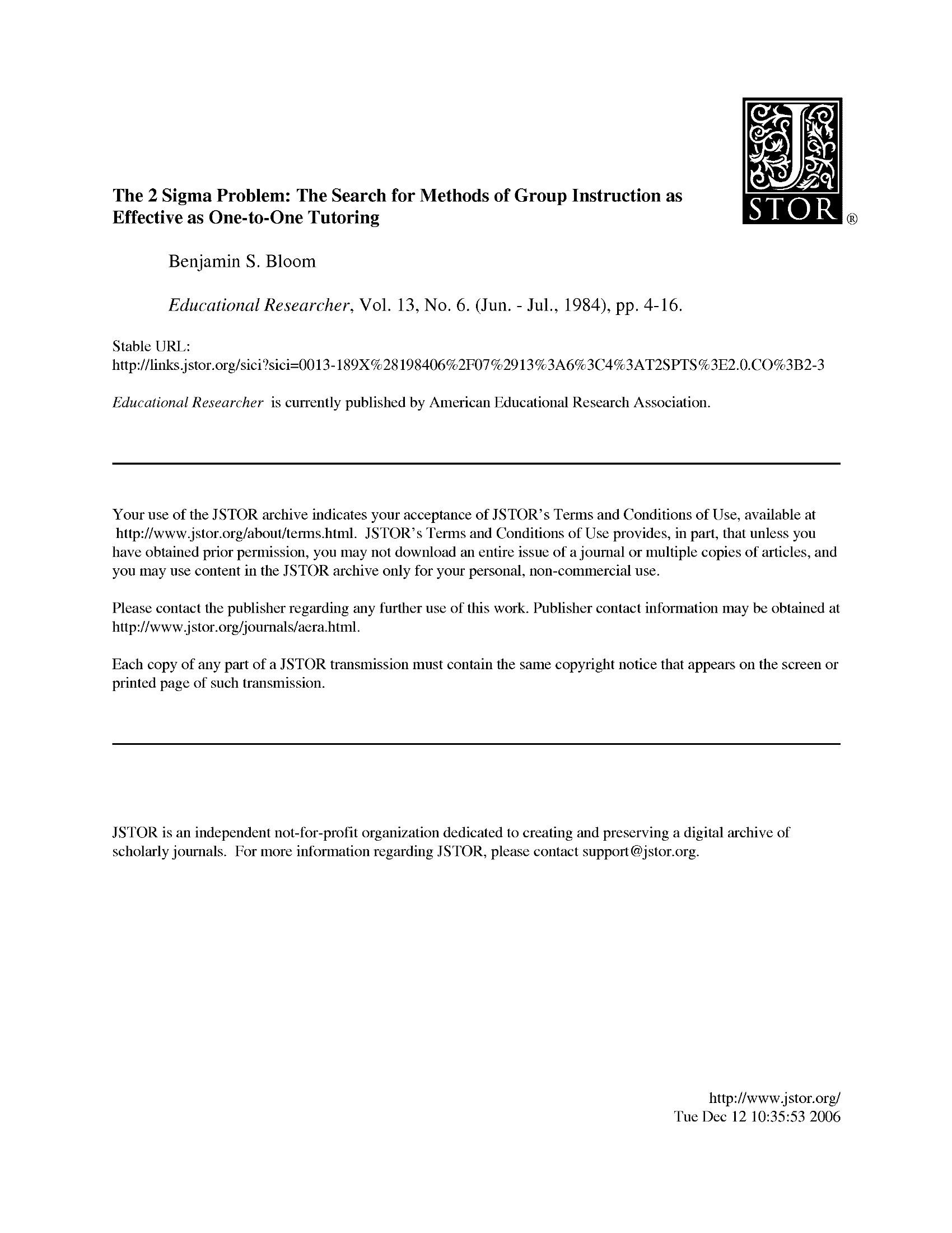 Title page of Benjamin Bloom's 1984 paper, The 2 Sigma Problem