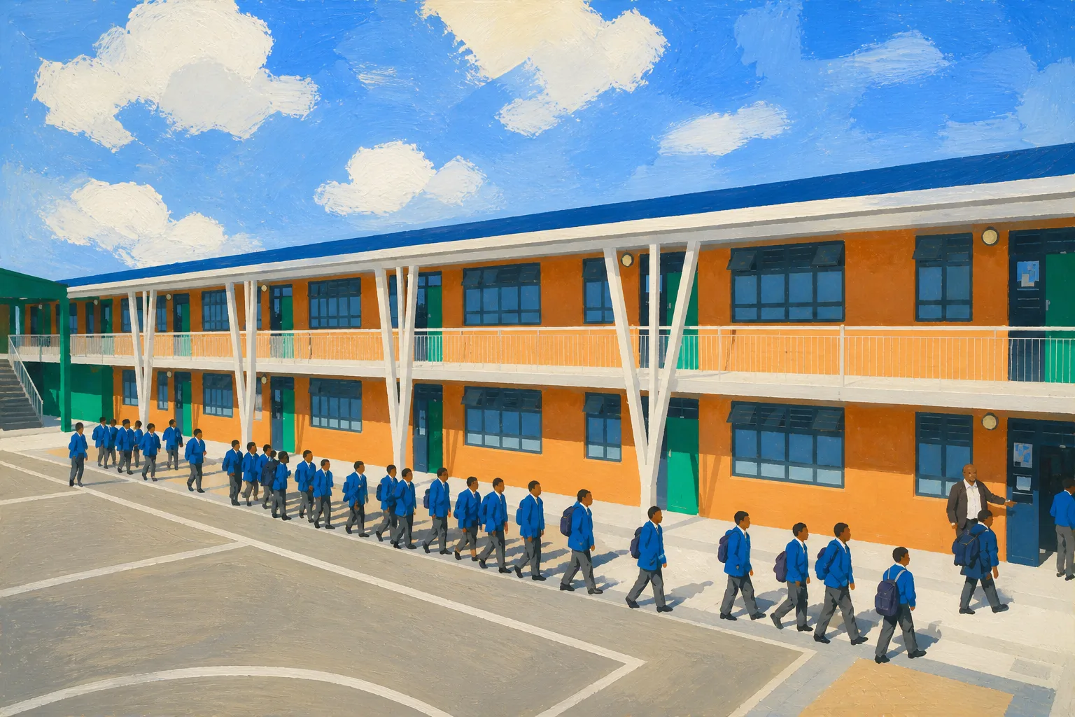 Painted scene of Apex Stellenbosch students in blue blazers walking along an orange-and-white school building