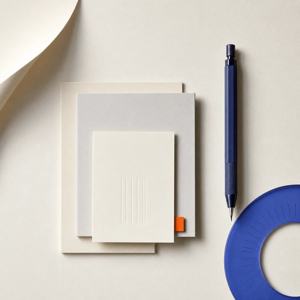 Premium paper stationery with a pencil and blue drafting tool